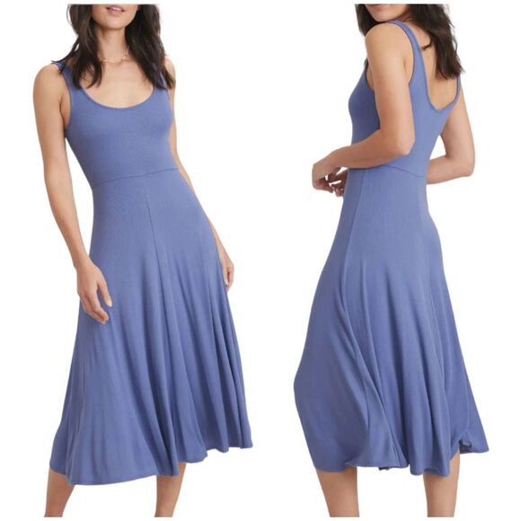 Marine Layer Lexi Rib Fit and Flare Midi Dress S Marlin Blue Stretch Scoop Neck - Picture 1 of 9